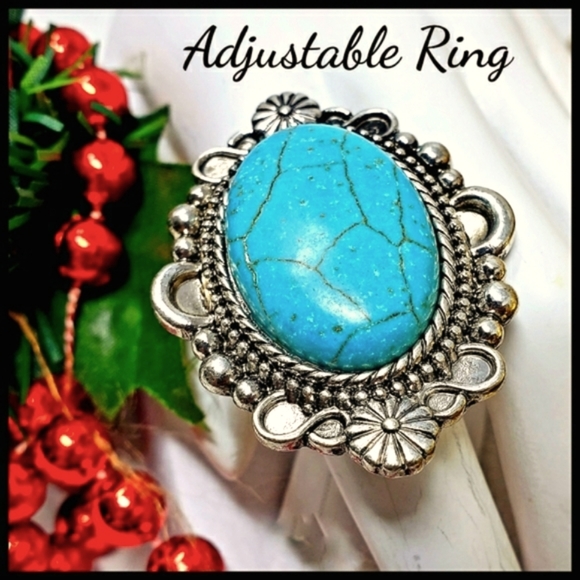 New!  Adjustable Turquoise Semi Stone Statement Ring - Picture 1 of 9